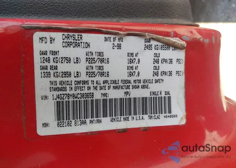 1998 Jeep Grand Cherokee Limited z USA, uszkodzony, nr VIN 1J4GZ78Y0WC303658